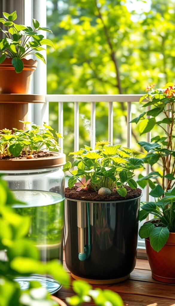 A beautifully lit, detailed illustration of a container garden showcasing the intricate interplay between watering and drainage optimization. In the foreground, a tiered planter system with a transparent reservoir allows viewers to observe the ideal water cycle. The middle ground features lush, thriving plants with strategically placed soil amendments and a subtle drip irrigation system. The background depicts a verdant, sun-dappled balcony setting, highlighting the seamless integration of the optimization techniques. The overall composition conveys a sense of harmony, efficiency, and the joy of successful container gardening.