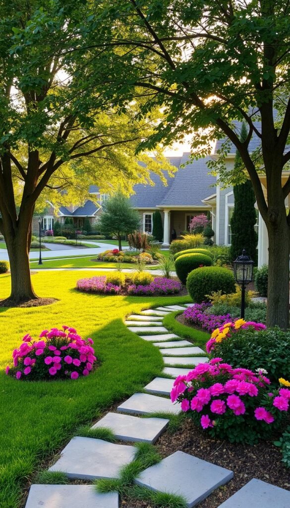 A beautifully manicured front yard with lush, well-maintained landscaping. In the foreground, a neatly trimmed lawn dotted with vibrant flowers in hues of pink, purple, and yellow. A stone pathway winds through the greenery, leading the eye towards the entrance. Mature trees provide gentle dappled shade, their branches swaying softly in the breeze. In the middle ground, a carefully curated garden bed bursts with a variety of colorful shrubs and perennials, complementing the home's architectural features. The background showcases a charming, well-kept residential neighborhood, with other homes sporting similarly impressive front yard designs. The scene is bathed in warm, golden-hour lighting, creating a welcoming, inviting atmosphere.