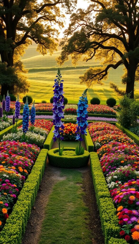 A beautifully organized cutting garden layout with lush, vibrant flowers arranged in a captivating symmetrical design. The foreground features a central circular path lined with neatly pruned boxwood hedges, leading to a focal point of towering delphinium in shades of deep purple and sky blue. The middle ground showcases rows of colorful zinnias, cosmos, and sunflowers in a warm, golden-hour lighting. The background gently slopes upward, framed by a verdant canopy of mature oak trees casting soft, dappled shadows. The overall scene emanates a sense of tranquility and carefully cultivated beauty, inviting the viewer to envision themselves strolling through this idyllic cutting garden.