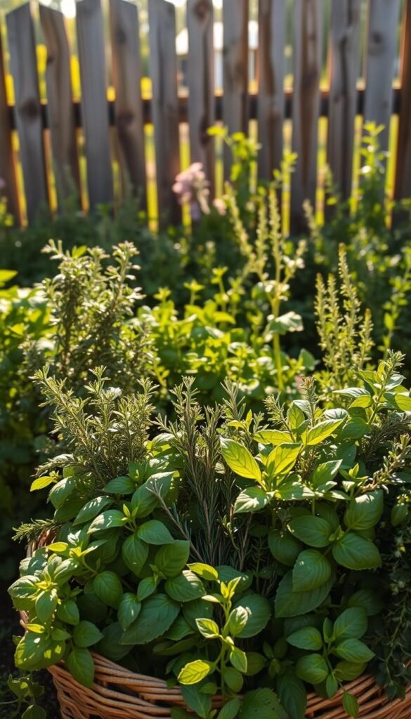 A bountiful herb garden overflowing with vibrant, freshly-picked homegrown herbs. In the foreground, a basket showcases an assortment of aromatic herbs such as basil, rosemary, thyme, and oregano. The middle ground features lush, verdant plants thriving in a sun-dappled kitchen garden, their leaves glistening with morning dew. In the background, a rustic wooden fence frames the scene, evoking a sense of serene, countryside living. Warm, soft lighting bathes the entire composition, highlighting the natural beauty and abundance of these homegrown culinary treasures. The overall mood is one of nourishment, simplicity, and the joy of harvesting your own herbs for delicious home-cooked meals.