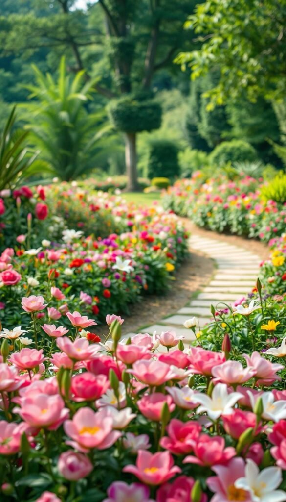 A breathtaking flower garden layout, capturing the essence of natural beauty. In the foreground, a lush, vibrant flower bed bursting with a kaleidoscope of colors - delicate petals of roses, peonies, and lilies interspersed with cascading greenery. The middle ground showcases a meandering path, inviting the viewer to explore the serene outdoor space. In the background, a verdant backdrop of trees and shrubs creates a harmonious, tranquil atmosphere, evoking a sense of peace and relaxation. Soft, diffused lighting filters through the scene, casting a warm, ethereal glow and accentuating the intricate textures and hues of the flowers. The overall composition exudes a sense of balance, order, and artistic elegance, perfectly capturing the essence of a beautifully designed flower garden.