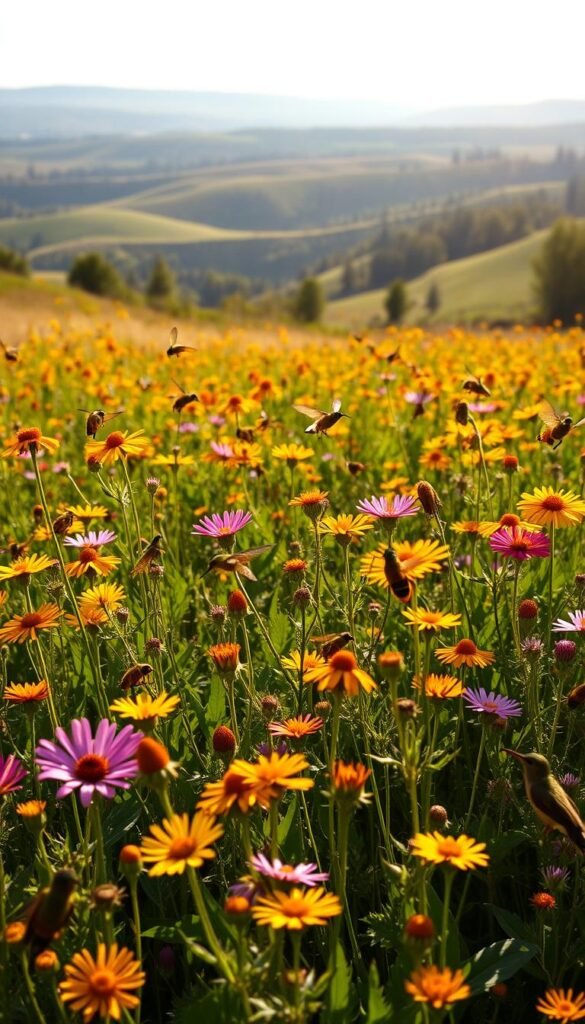 A breathtaking meadow, bathed in golden sunlight, bursting with vibrant wildflowers. In the foreground, a diverse array of pollinators - bees, butterflies, and hummingbirds - flit from blossom to blossom, their delicate wings capturing the essence of a thriving, natural ecosystem. The middle ground showcases the lush, verdant foliage of native plants, each providing vital food and shelter for the pollinators. In the distance, a rolling landscape of undulating hills and trees, creating a sense of depth and tranquility. The scene is captured with a wide-angle lens, highlighting the expansive beauty of this pollinator habitat, where the harmony between flora and fauna is on full display.