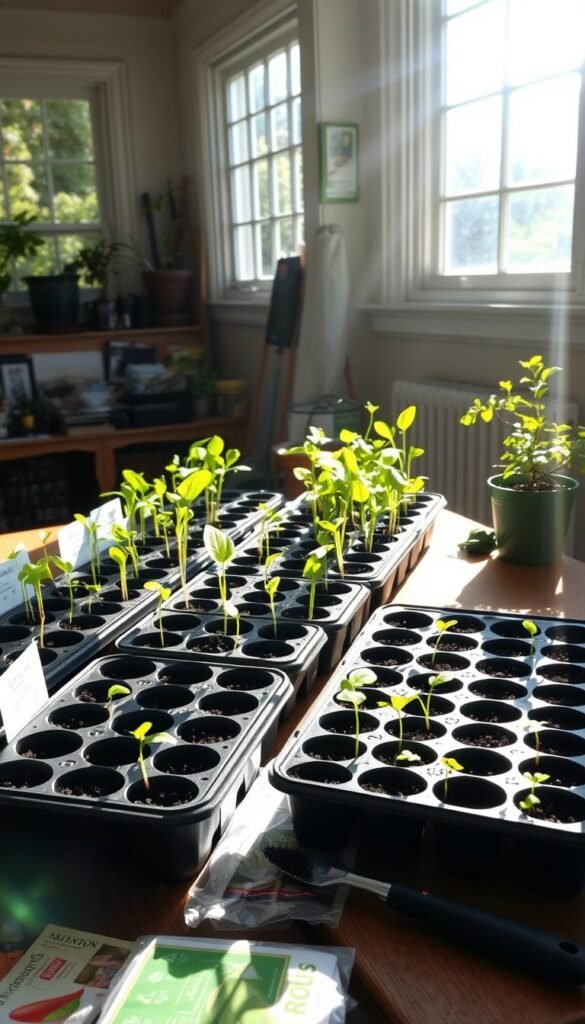 A bright, airy indoor seed starting setup with trays and pots on a wooden table. Sunlight streams through large windows, casting warm, natural light on the scene. Seedlings in various stages of growth are visible, their vibrant green leaves reaching up towards the light. A variety of seed packets and gardening tools are neatly arranged, suggesting the care and attention given to the process. The overall atmosphere is one of productivity, organization, and the promise of a bountiful harvest to come.