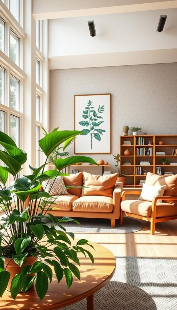A bright, airy interior with abundant natural light filtering through large windows. In the foreground, a stylish, minimalist coffee table is adorned with lush, verdant potted plants, their leaves gently swaying. The middle ground features a plush, earthy-toned sofa and armchair, complemented by warm, wooden accents. Shelves lining the walls display a curated collection of books and decorative items, creating a cozy, inviting atmosphere. The background showcases a neutral, textured wall with a large, framed botanical print, echoing the organic elements throughout the space. The overall scene reflects a harmonious blend of modern interior design trends and natural, biophilic elements.