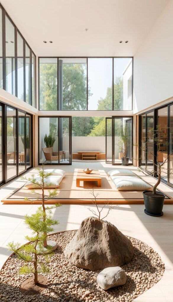 A bright, spacious open-plan interior with clean Japanese-inspired design elements. The room features a central tatami-mat seating area surrounded by large sliding glass doors, allowing for seamless indoor-outdoor flow. Minimalist furniture, including a low wooden table and plush floor cushions, create a calming, flexible layout. Abundant natural light filters in through the glass walls, casting warm, gentle shadows. Potted bonsai trees and a small rock garden in the foreground evoke a tranquil Zen ambiance. The overall atmosphere is one of openness, simplicity, and harmonious integration between the built environment and nature.