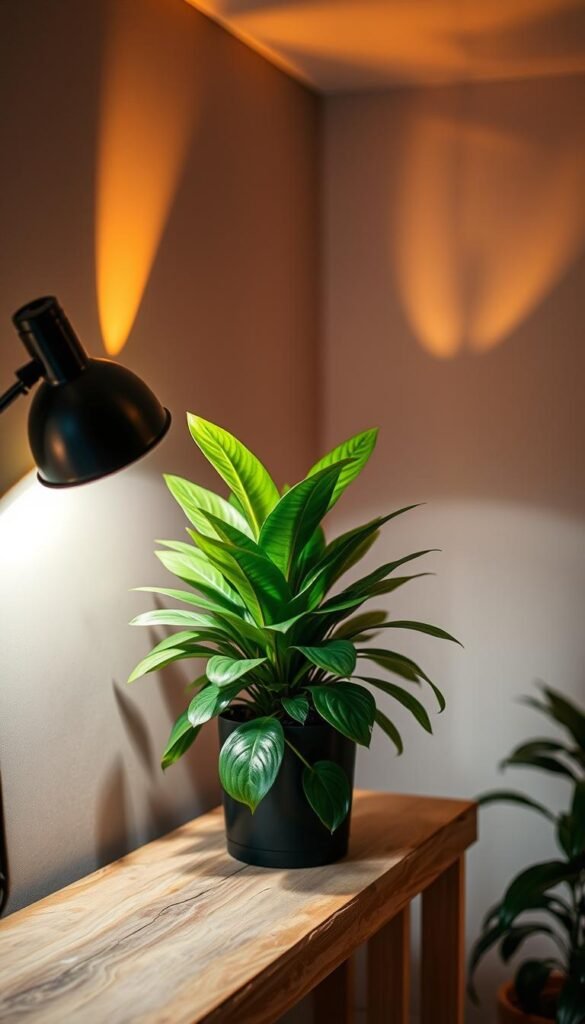 A bright, warm-lit indoor plant setup with a lush, thriving potted tropical plant placed on a rustic wooden shelf. The soft, diffuse lighting from a pair of adjustable floor lamps creates a cozy, inviting atmosphere, accentuating the vibrant green foliage. Smooth, natural shadows cast by the plant's leaves create intriguing patterns on the wall behind, while a slightly blurred, out-of-focus background suggests a tranquil, secluded indoor space. The overall scene conveys a sense of serenity and rejuvenation, perfectly suited for overwintering tropical plants indoors.