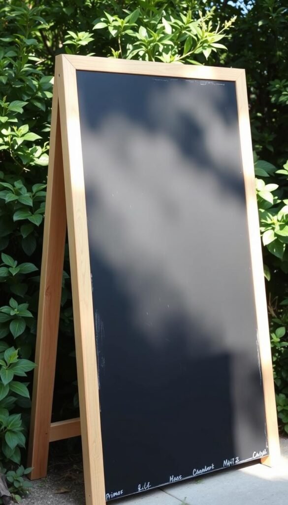 A bright, well-lit chalkboard standing upright in a lush garden setting. The chalkboard's surface is freshly coated with a smooth, even layer of matte black chalkboard paint, ready to be transformed into a canvas for outdoor lessons and creative expression. The paint application process is visually depicted, with brushstrokes neatly capturing each step - priming the surface, applying the paint in long, even strokes, and allowing it to dry to a sleek, uniform finish. The chalkboard is surrounded by verdant foliage, creating a natural, inviting atmosphere that encourages hands-on learning and outdoor exploration. The scene is captured from a slightly elevated angle, providing a clear, detailed view of the chalkboard's preparation.