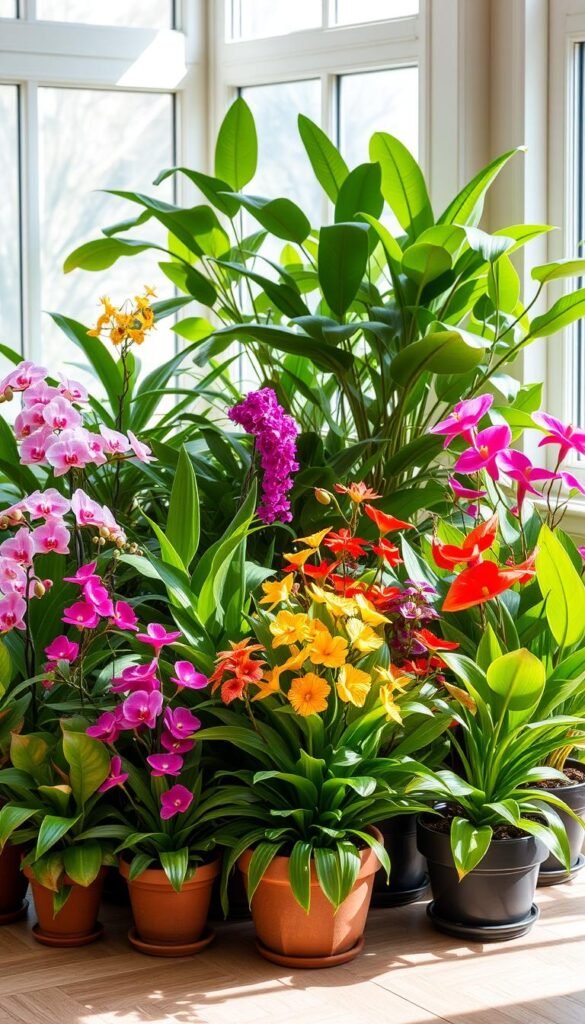 A carefully curated selection of vibrant indoor blooming plants, meticulously arranged in a natural, well-lit setting. In the foreground, a lush array of thriving potted plants, each bursting with colorful flowers - from delicate orchids to bold anthuriums. The middle ground showcases a variety of leafy green houseplants, their foliage casting soft shadows. In the background, a gentle, warm light filters through large windows, creating a serene, inviting atmosphere. The overall composition conveys a sense of harmony, with the plants expertly positioned to showcase their individual beauty and the synergy of the collection as a whole.