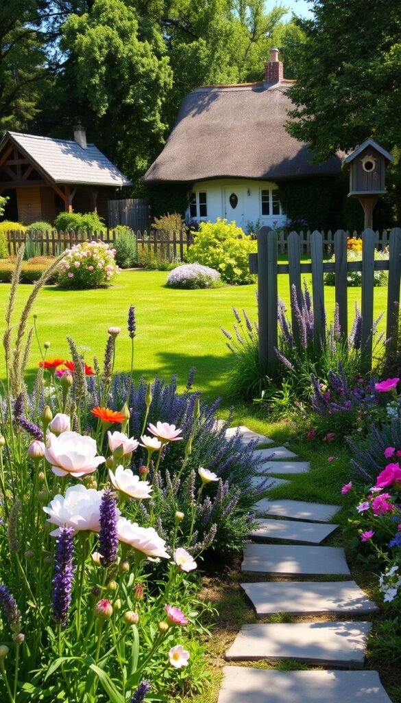 A charming cottage garden landscape, bathed in soft afternoon sunlight. In the foreground, a lush tapestry of colorful perennials - delicate peonies, fragrant lavender, and whimsical wildflowers. A meandering stone path invites exploration, leading the eye deeper into the scene. In the middle ground, a quaint wooden fence frames a verdant lawn, dotted with blooming shrubs and a birdhouse perched atop a weathered post. The background features a picturesque cottage with a thatched roof, nestled amongst mature trees casting dappled shadows. The overall atmosphere is one of tranquility and rustic beauty, perfectly capturing the essence of a captivating front yard oasis.