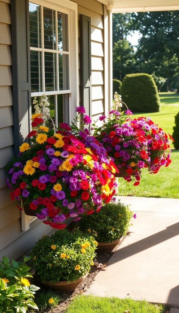A charming front porch adorned with vibrant window boxes overflowing with a lush assortment of colorful flowers. The boxes are situated against a backdrop of a well-maintained yard, featuring a manicured lawn and neatly trimmed shrubs. Warm, natural sunlight bathes the scene, casting a gentle glow and highlighting the rich hues of the blooms. The overall composition exudes a welcoming and inviting atmosphere, perfectly capturing the essence of a beautifully curated front garden that boosts curb appeal.