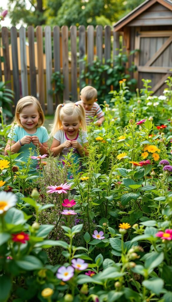 A cheerful group of children exploring a lush, vibrant garden, engaged in an exciting scavenger hunt. In the foreground, three youngsters excitedly search for hidden objects, their faces alight with curiosity and delight. The middle ground features a colorful array of flowers, herbs, and leafy plants, creating a verdant, whimsical setting. In the background, a wooden fence and a small shed frame the scene, giving a sense of warmth and comfort. Soft, natural lighting filters through the greenery, casting a gentle glow on the children's faces. The overall atmosphere conveys the joyful, enriching experience of a gardening scavenger hunt, sparking the imagination and fostering a connection with the natural world.