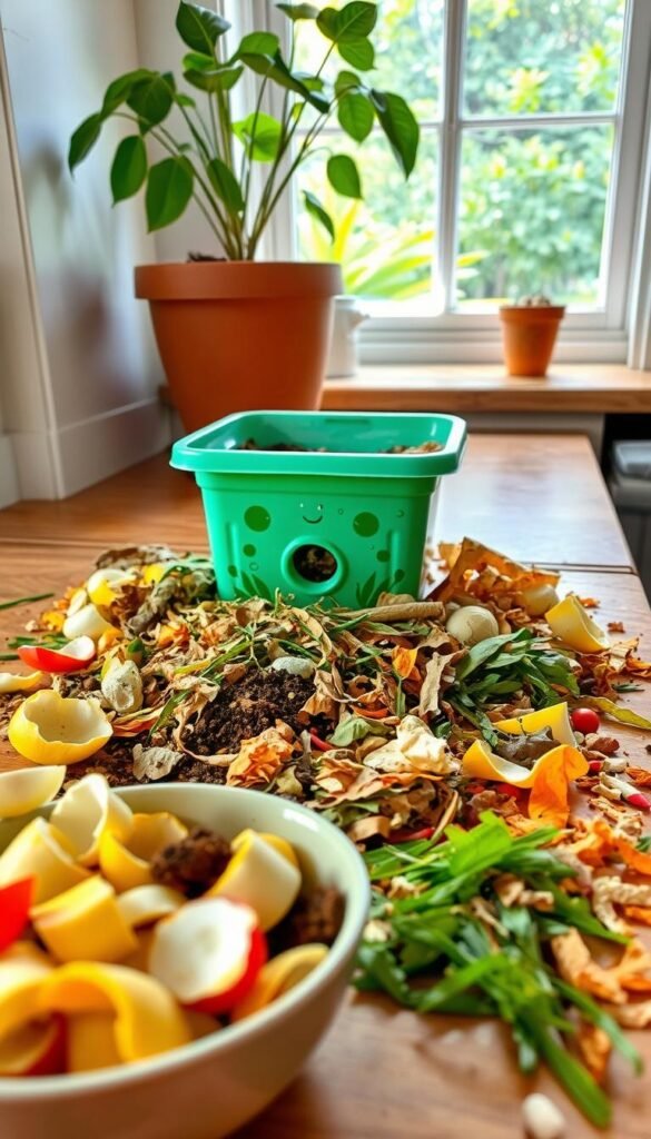 A cheerful, well-lit kitchen counter covered in a variety of colorful, kid-friendly compost materials. In the foreground, a bowl of vegetable peels, eggshells, and coffee grounds. In the middle, a small compost bin with a whimsical design, surrounded by a scatter of dried leaves, grass clippings, and shredded paper. The background features a potted plant and a window overlooking a lush, verdant garden. The overall scene conveys a sense of exploration, discovery, and environmental stewardship, inviting young minds to engage with the natural cycle of decomposition and sustainability.