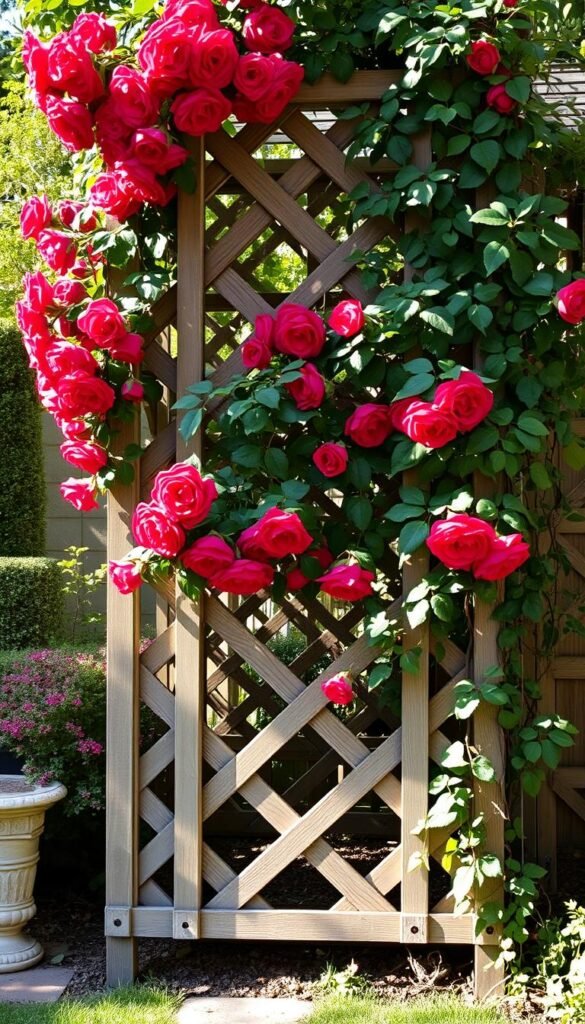 A classic lattice trellis stands tall, its intricate crisscross pattern a timeless architectural feature. Climbing roses cascade gracefully over the frame, their lush crimson blooms contrasting beautifully against the weathered wood. Dappled sunlight filters through the foliage, casting warm, soft shadows that accentuate the trellis's elegant silhouette. The scene exudes a sense of tranquility and old-world charm, inviting the viewer to imagine a charming backyard oasis where this trellis would be the centerpiece, a verdant accent that elevates the surrounding landscape.