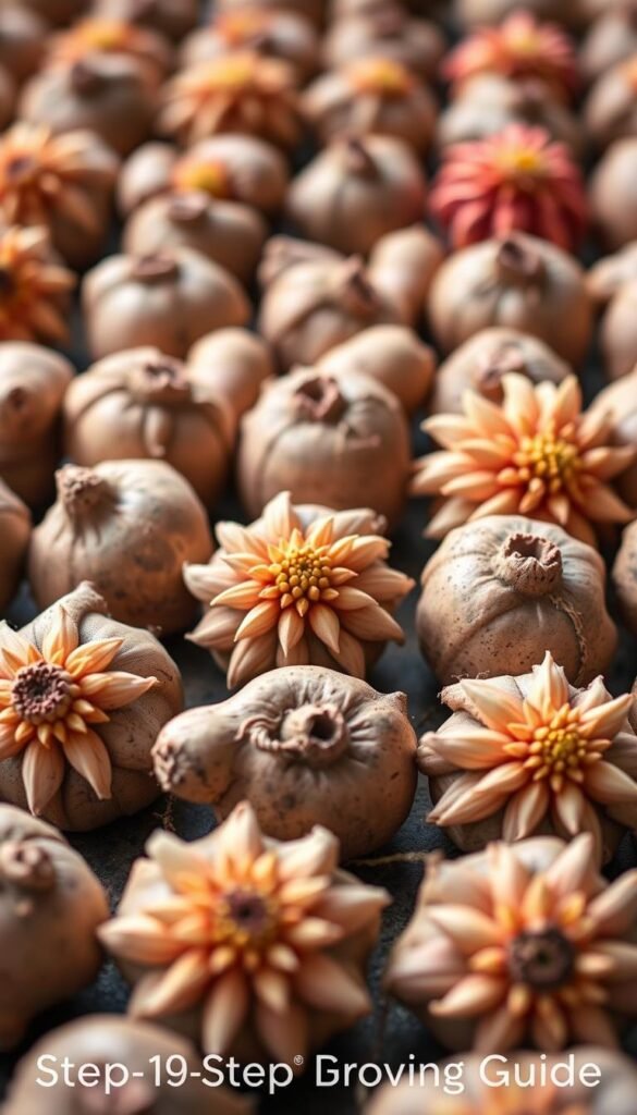 A close-up, high-resolution photograph of several dahlia tubers arranged in an evenly spaced grid pattern, with a shallow depth of field to create a soft, blurred background. The tubers should be freshly harvested, with intact skin and visible eyes or growth points. Lighting should be soft and diffused, highlighting the unique texture and color variations of the tubers. The image should convey a sense of organization and planning, aligning with the theme of "Planning a Dahlia Flower Garden: Step-by-Step Growing Guide".