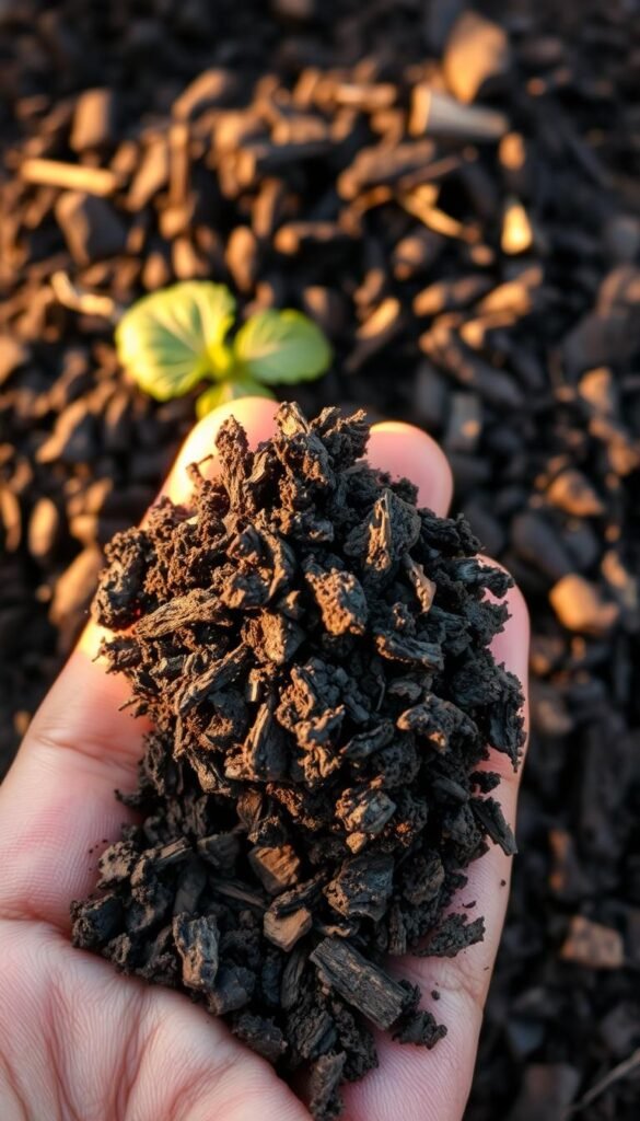 A close-up image of a rich, dark compost heap, illuminated by warm, natural lighting. The texture of the decaying organic matter is detailed and tactile, revealing the intricate decomposition process. In the foreground, a handful of the "black gold" crumbles between fingers, showcasing its earthy, nutrient-dense quality. The background is blurred, placing the focus on the compost itself and its importance as a vital soil amendment. The image conveys a sense of the cycle of life, where kitchen scraps are transformed into a valuable resource for healthy plant growth.