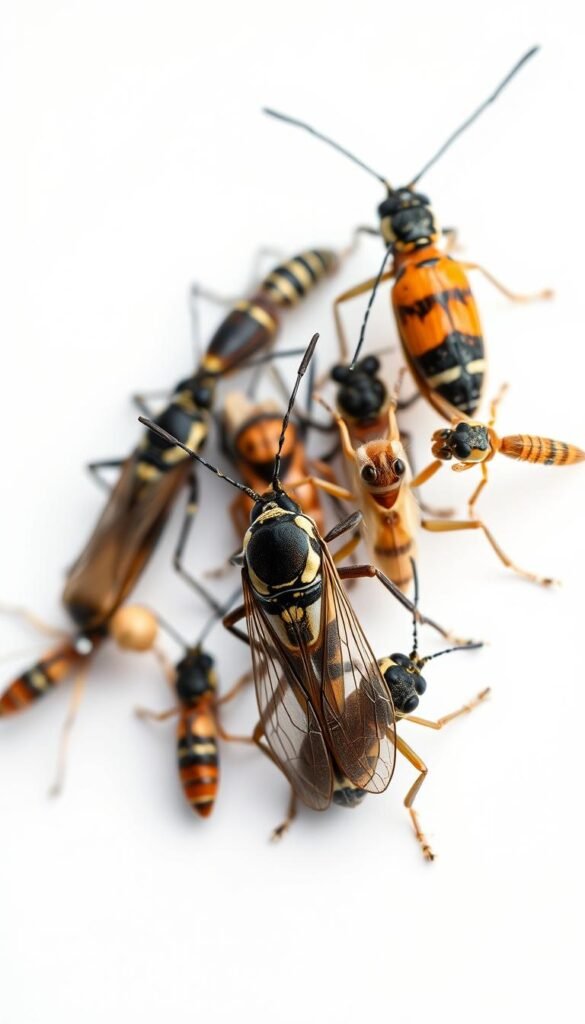 A close-up, macro shot of a variety of beneficial insects showcased against a clean, white backdrop. The insects are presented in a natural, lifelike pose, capturing their distinct identifying features in sharp detail. The lighting is soft and diffused, highlighting the intricate textures and colors of the insects' bodies, antennae, and appendages. The composition is balanced, allowing each insect to be easily distinguished and studied. The overall mood is one of scientific curiosity and educational interest, inviting the viewer to closely examine the unique characteristics that distinguish beneficial insects from pests.