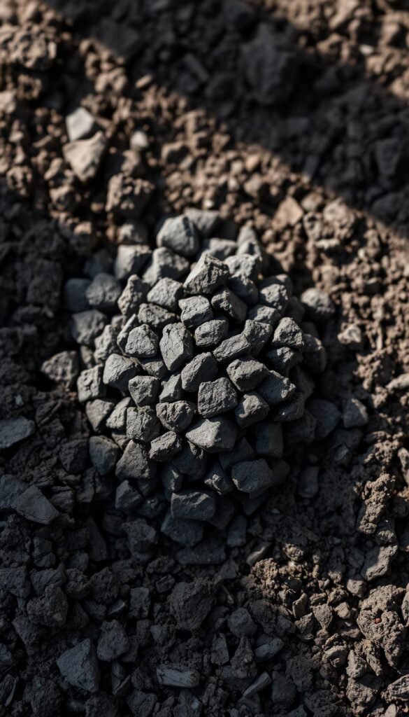 A close-up photograph of a handful of black, charcoal-like granules resting on rich, dark garden soil. The granules are irregular in shape, with a porous, textured surface. The soil is moist and crumbly, revealing the intricate structure of the biochar particles as they are mixed into the earth. Soft, natural lighting from the side casts gentle shadows, highlighting the organic shapes and contrasting the dark tones. The image conveys the idea of biochar as a soil amendment, a carbon-rich material that can improve soil fertility and water-holding capacity. The overall mood is one of earthy, natural abundance.