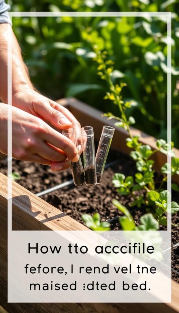 A close-up shot of a gardener's hands carefully taking soil samples from a raised garden bed. The samples are being placed into small test tubes against a backdrop of lush, verdant vegetation. Soft, natural lighting illuminates the scene, casting gentle shadows and highlights. The image conveys a sense of scientific inquiry and care for the soil's health, with a focus on the preparation required before amending a raised bed. The overall mood is one of thoughtful, methodical investigation into the composition of the growing medium.