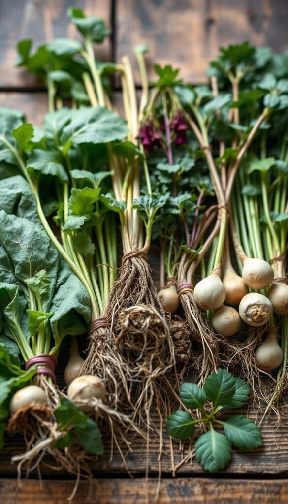 A close-up shot of an assortment of bare root plants carefully arranged on a rustic wooden surface. The plants, including leafy greens, herbs, and flowering bulbs, are displayed in a visually appealing manner, showcasing their natural beauty and potential for growth. Soft, diffused lighting creates a warm, inviting atmosphere, highlighting the earthy tones and textures of the plants and the weathered wood. The composition emphasizes the simplicity and affordability of this gardening hack, conveying a sense of practicality and self-reliance. The overall scene exudes a serene, organic feel, inspiring the viewer to consider the benefits of starting a garden from bare root plants.