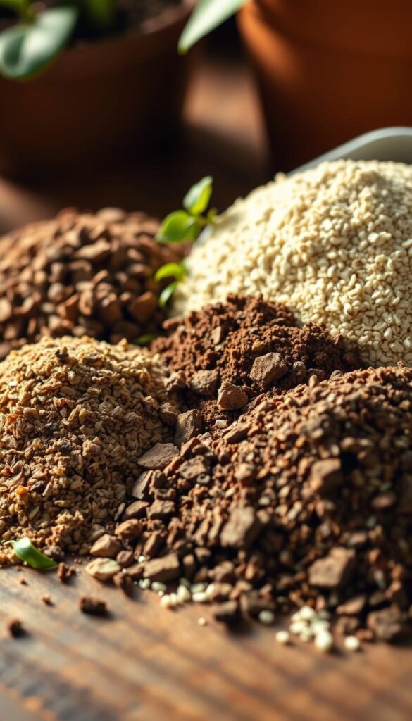 A close-up shot of various organic fertilizers for container plants, including a mix of natural compost, aged manure, and ground bone meal, arranged neatly on a wooden surface. The lighting is soft and warm, creating a natural, earthy ambiance. The composition showcases the different textures and colors of the organic materials, highlighting their suitability for nourishing plants in confined urban spaces. The overall mood is one of sustainability, simplicity, and a connection to the natural world.