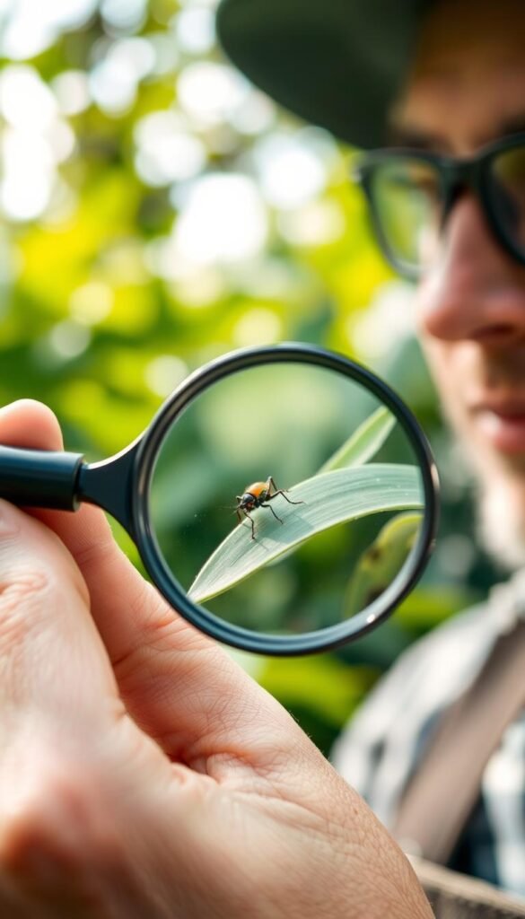 A close-up view of a gardener's hand holding a magnifying glass, intently examining a colorful insect crawling on a leaf. The scene is set against a blurred background of lush greenery, with soft, natural lighting filtering through the foliage. The insect's intricate details and the gardener's focused expression convey a sense of scientific curiosity and the importance of careful observation in effective insect scouting and identification. The image evokes a mood of discovery and the joy of exploring the hidden wonders of the garden ecosystem.