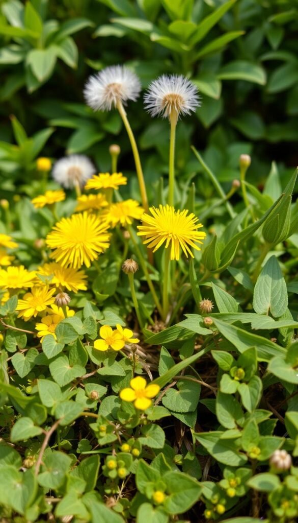 A close-up view of a lush garden bed, showcasing an arrangement of various weeds in natural light. In the foreground, the delicate, heart-shaped leaves and trailing vines of Creeping Charlie (Glechoma hederacea) intermingle with the bright yellow blooms of Dandelions (Taraxacum officinale). In the middle ground, the distinctive arrow-shaped leaves and white, trumpet-shaped flowers of Bindweed (Convolvulus arvensis) emerge, creating a visually striking contrast. The background features a soft, blurred green foliage, allowing the detailed textures and colors of the weeds to take center stage. The overall composition conveys a sense of botanical exploration and the intricate beauty found in common garden weeds.