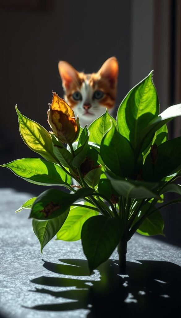 A close-up view of a lush, green plant with distinct symptoms of toxicity, including wilted leaves, discoloration, and unusual growths. The plant is positioned in the foreground, casting a subtle shadow on the table surface below. In the middle ground, a curious feline, its eyes intently focused on the plant, conveys a sense of cautious interest. The image is illuminated by soft, natural lighting, creating a serene and contemplative atmosphere that highlights the potential dangers of this toxic plant. The composition emphasizes the contrast between the vibrant foliage and the watchful gaze of the cat, underscoring the importance of understanding plant toxicity to keep indoor cats safe and happy.