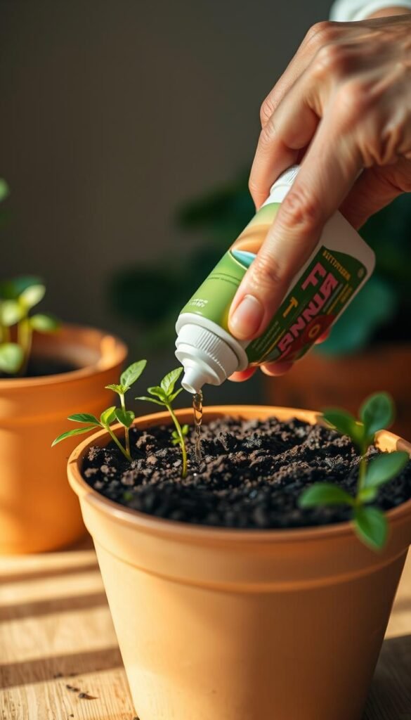 A close-up view of a person's hands carefully applying liquid fertilizer to the soil of a potted plant. The scene is well-lit, with warm, soft lighting from an overhead source casting gentle shadows. The hands are portrayed in sharp focus, the fingers gently squeezing the bottle's nozzle to dispense the nutrient-rich liquid evenly across the surface. The background is blurred, emphasizing the technique and attention to detail. The overall mood is one of care and precision, reflecting the importance of proper liquid fertilizer application for healthy container-grown plants.