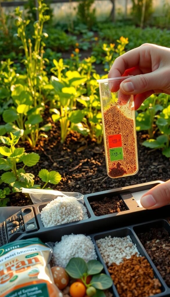 A close-up view of a soil sample being tested for nutrient levels, with various organic fertilizers and amendments displayed in the foreground. The sample is held in a professional soil testing kit, with the tester's hands visible. In the background, a lush, well-tended garden bed filled with thriving, pest-free plants can be seen, illuminated by warm, natural sunlight streaming through the leaves. The overall scene conveys the importance of understanding and optimizing soil nutrient balance for growing resilient, chemical-free produce.