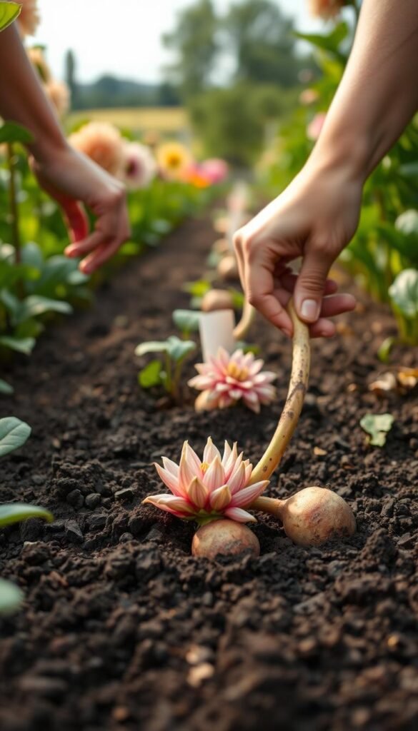 A close-up view of hands carefully planting dahlia tubers into rich, dark soil. The foreground shows the tubers being gently placed into the planting holes, the soil's texture and color accentuated by soft, natural lighting. The middle ground reveals lush, green foliage of established dahlia plants surrounding the new plantings, while the background subtly blurs into a peaceful, pastoral scene. The overall mood is one of focused attention, care, and the excitement of a new gardening season. Captured with a macro lens to highlight the intricate details of the planting process.