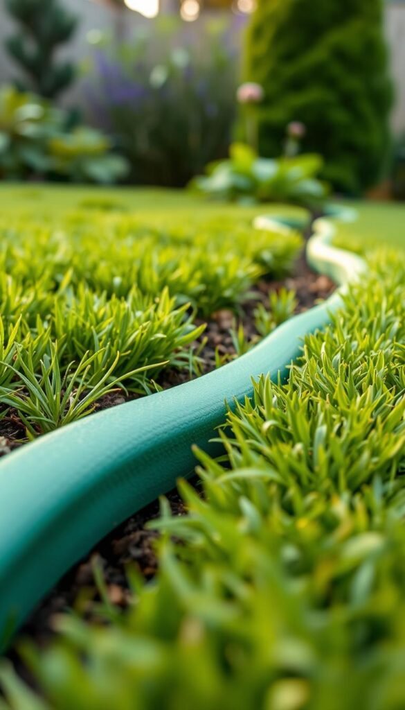 A close-up view of plastic rubber garden edging in a lush, well-manicured backyard. The edging is a vibrant green, with a textured, flexible surface that seamlessly blends into the surrounding grass and soil. The lighting is soft and diffused, casting a warm, natural glow across the scene. The angle is slightly elevated, capturing the edging's low profile and how it neatly defines the boundaries of the garden beds. The overall mood is one of simplicity, practicality, and a touch of rustic charm, highlighting the budget-friendly yet effective nature of this type of garden edging.