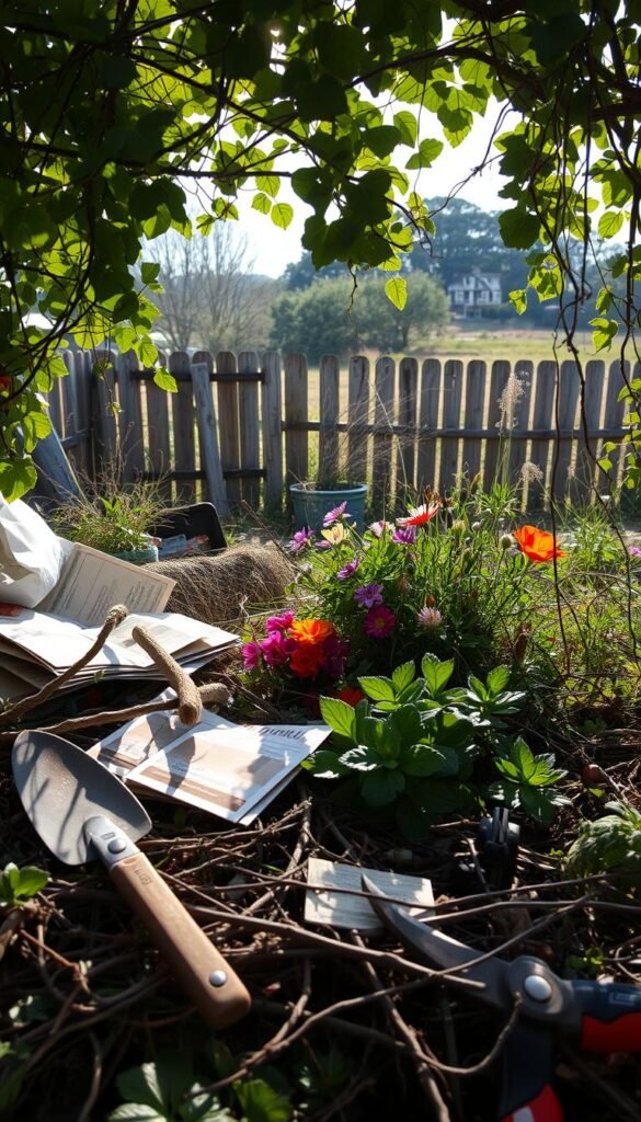 A cluttered arrangement of gardening tools, seed packets, and wild plants spills across an unruly backyard. Sunlight filters through a canopy of overgrown vines, casting dramatic shadows. In the foreground, a trowel and pruning shears lie amidst a jumble of twigs and leaves, hinting at the chaos to come. In the middleground, a mixed bouquet of vibrant wildflowers and untamed greenery suggest a burgeoning ecosystem. The background frames an untamed landscape, with a weathered wooden fence and the distant silhouettes of trees, conveying a sense of untamed possibility. Overall, the scene evokes a sense of organic energy and untamed potential, setting the stage for a transformative backyard oasis.