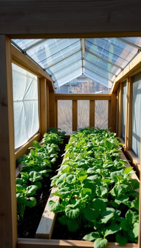 A cold frame constructed with sturdy wooden planks, its transparent glass or plastic lid angled to capture the low-angle winter sun. Within, a lush array of leafy greens and delicate seedlings, protected from frost by the insulated structure. The frame's interior is bathed in a soft, diffused light, creating an ideal microclimate for tender plants to thrive even in the chilly season. The scene conveys a sense of tranquility and anticipation, hinting at the bounty to come as the gardener's season is extended through the clever use of this time-honored cultivation technique.
