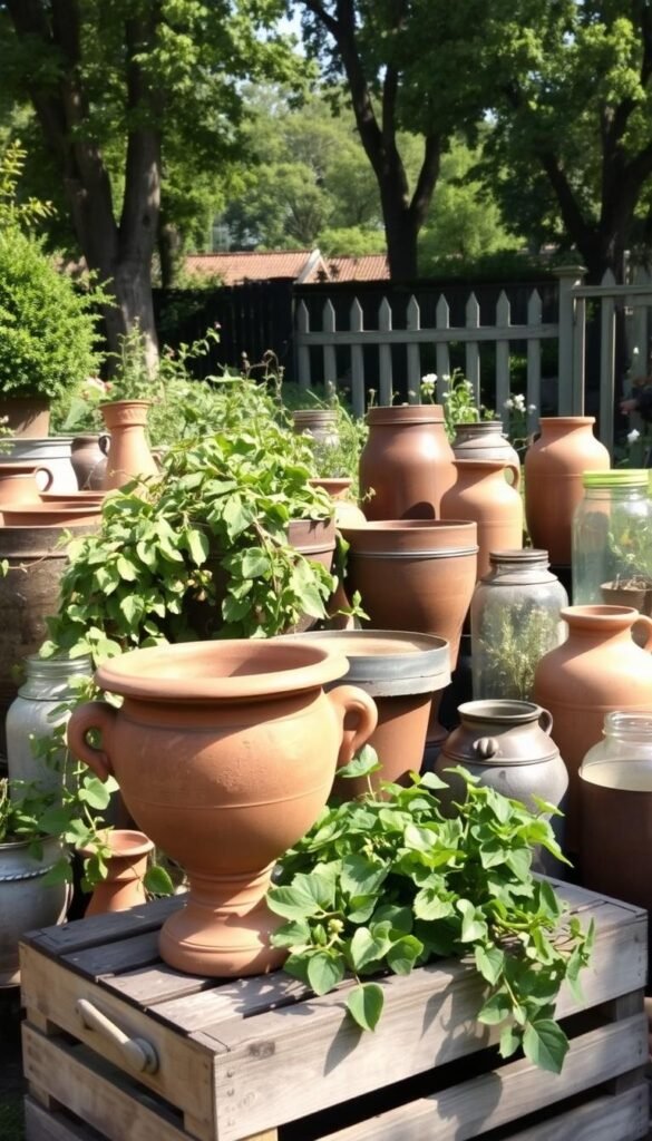 A collection of beautifully weathered vintage garden planters arranged in a lush, sun-dappled outdoor setting. In the foreground, an antique terracotta urn sits atop a rustic wooden crate, its patinated surface catching the warm glow of natural light. Behind it, a variety of aged ceramic pots, metal troughs, and glass jars in muted earth tones are clustered together, creating a harmonious display. The middle ground features a mix of trailing vines and fragrant flowering plants, their verdant foliage softening the scene. In the background, a backdrop of mature trees and a glimpse of a picturesque garden fence suggest a timeless, tranquil atmosphere, evoking a sense of nostalgic charm.