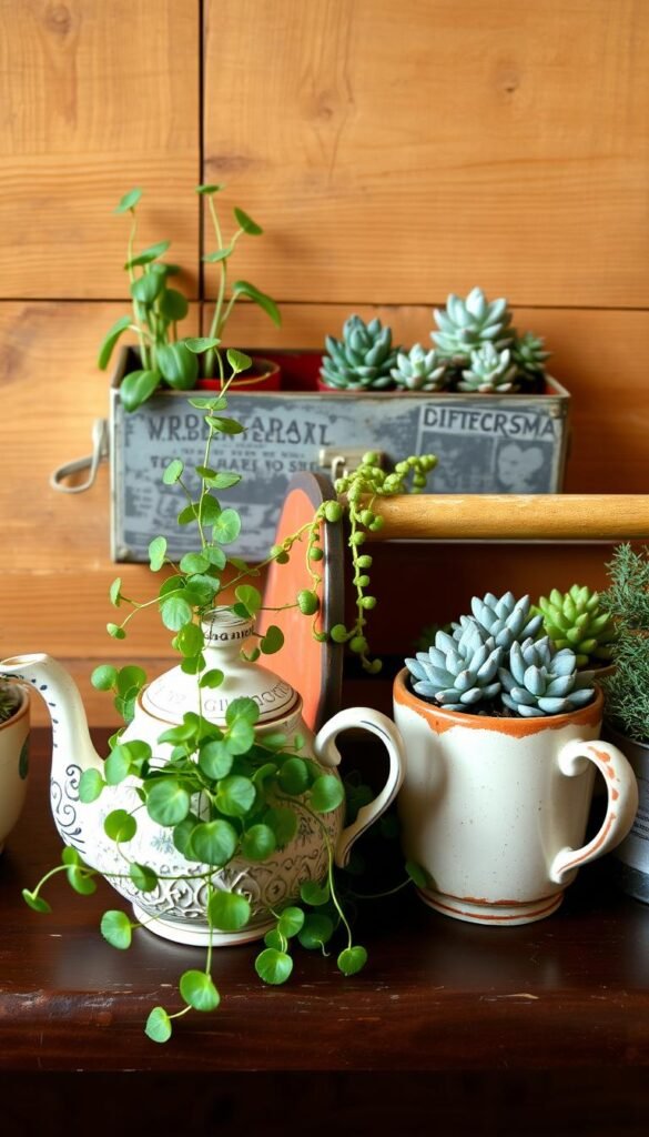 A collection of unexpected household items transformed into charming, quirky planters, set against a warm, rustic backdrop. In the foreground, a vintage teapot overflows with lush greenery, its intricate design adding character. Alongside, a chipped ceramic mug cradles a cascading trailing plant. In the middle ground, a weathered toolbox has been repurposed, now housing a vibrant array of succulents. The background features a wooden surface, its natural grain and imperfections creating an organic, handcrafted feel. Soft, natural lighting gently illuminates the scene, highlighting the textures and colors of the upcycled containers. An inviting, creative atmosphere that celebrates the beauty of turning everyday objects into unique, personalized planters.