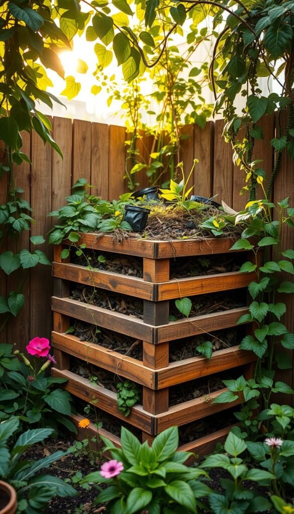 A compact and efficient compost pile nestled in a cozy corner of a small urban garden. The structure features a modular, tiered design with open slats to promote airflow and drainage. Lush, thriving vegetation - leafy greens, vibrant flowers, and verdant vines - surround the compact pile, creating a harmonious, space-saving ecosystem. Warm, diffused sunlight filters through the canopy, casting a gentle glow over the scene. The overall impression is one of productivity, sustainability, and a clever use of limited outdoor space.