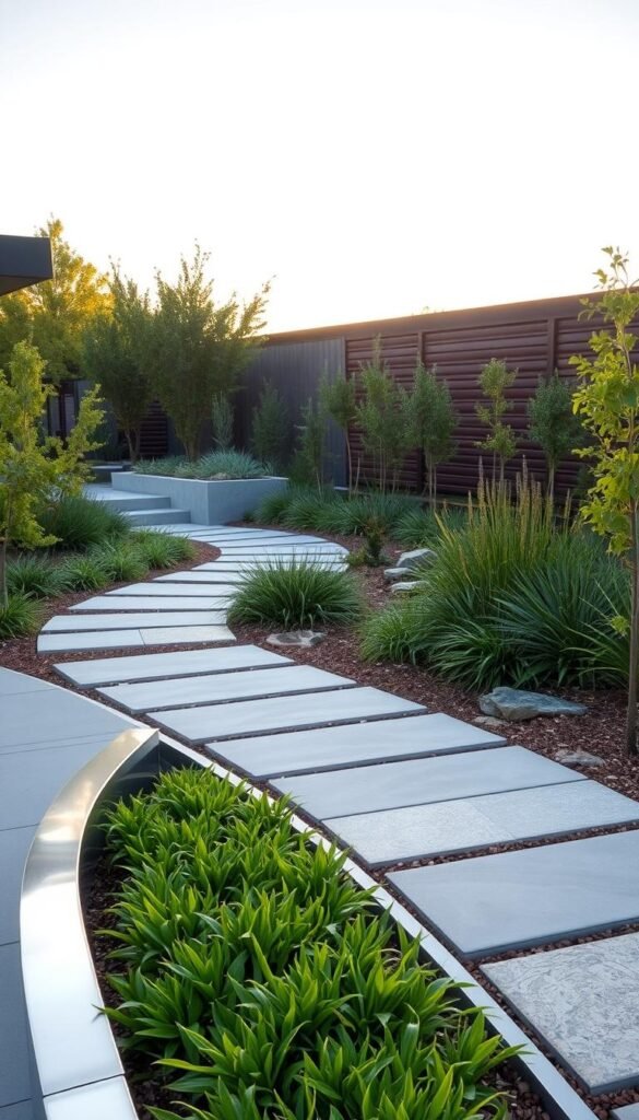 A contemporary garden filled with a variety of modern edging materials, bathed in warm, golden afternoon light. In the foreground, sleek steel edging borders a lush planting bed, its reflective surface mirroring the surrounding greenery. In the middle ground, a mixture of smooth concrete pavers and natural stone create an eye-catching path winding through the space. Toward the back, a low wall of weathered Corten steel adds a touch of industrial chic, complementing the modern aesthetic. The overall scene exudes a sense of balance, where the hardscaping and softscaping elements work in harmony to create a stylish and inviting outdoor oasis.
