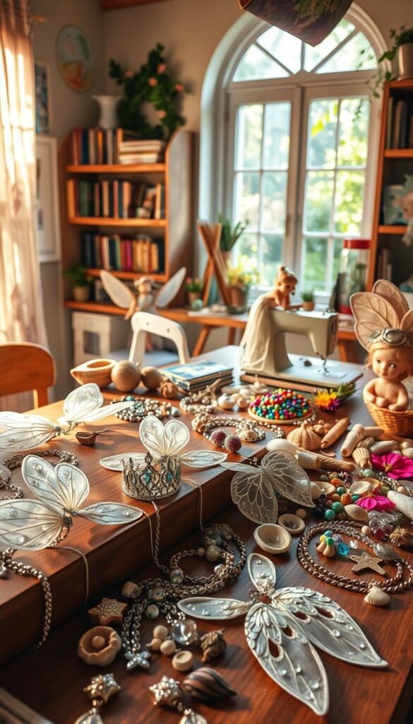 A cozy DIY fairy accessories workshop, filled with whimsical trinkets and sparkling crystals. In the foreground, an assortment of delicate fairy wings, glittering tiaras, and intricate necklaces lay across a wooden workbench. Nearby, an array of colorful beads, ribbons, and natural elements like tiny seashells and pressed flowers await transformation. The middle ground features a fairy-sized sewing machine and a collection of sewing tools, hinting at the creative process. The background showcases a cozy, sun-dappled room with shelves of inspiring fairy-themed books and a window overlooking a lush, enchanted garden. Warm, soft lighting casts a magical glow, evoking a sense of wonder and imagination.