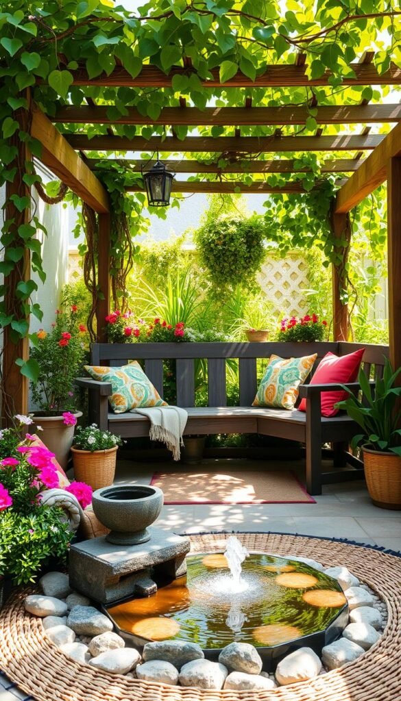 A cozy and inviting DIY patio with a rustic wooden bench, surrounded by lush greenery and vibrant flowers. The patio features a charming arbor covered in vines, casting a warm, dappled light across the space. In the foreground, a small DIY water feature bubbles peacefully, adding a soothing ambiance. Colorful throw pillows and a woven rug create a comfortable and inviting outdoor living area, perfect for relaxation and entertaining. The scene is captured with a wide-angle lens, emphasizing the depth and natural beauty of the space. An overall mood of tranquility and creativity pervades the image, perfectly capturing the essence of a budget-friendly DIY patio enhancement.