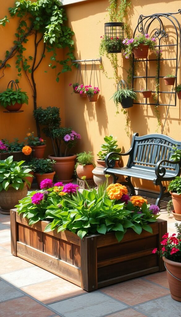 A cozy and inviting container garden space, showcasing a variety of flourishing plants in an array of vibrant hues. The foreground features a well-crafted wooden planter box, filled with lush greenery and vibrant blooms, casting soft shadows on the tiled patio beneath. In the middle ground, a collection of terracotta pots and hanging baskets add depth and texture, while a small garden bench invites relaxation. The background is a warm, sun-dappled wall, adorned with trailing vines and a whimsical trellis, creating an atmosphere of tranquility and natural beauty. The lighting is soft and natural, illuminating the scene with a gentle glow, capturing the essence of a welcoming and inviting container garden space.