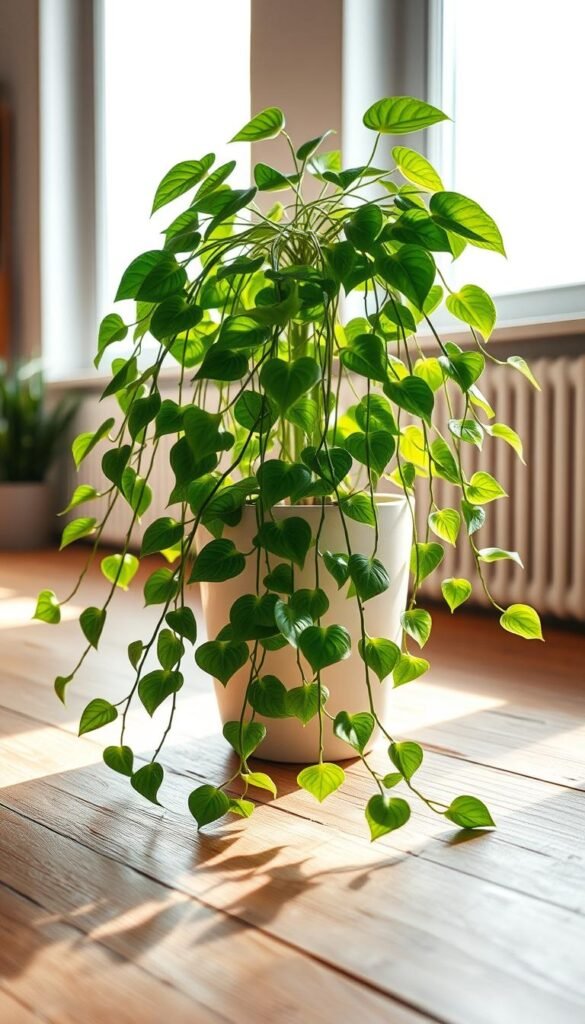 A cozy and inviting pothos plant in a warm, natural-lit indoor setting. The lush, trailing vines cascade gracefully from a simple ceramic pot, their vibrant green leaves casting delicate shadows on the textured wooden surface below. Soft, diffused lighting filters through large windows, creating a serene atmosphere. The plant is the centerpiece, its effortless elegance accentuated by a minimalist, Scandinavian-inspired background. The composition is balanced, with clean lines and a calming color palette, evoking a sense of tranquility and understated sophistication. A close-up, eye-level perspective showcases the plant's delicate details and healthy foliage, inviting the viewer to appreciate the beauty and low-maintenance qualities of this resilient indoor companion.