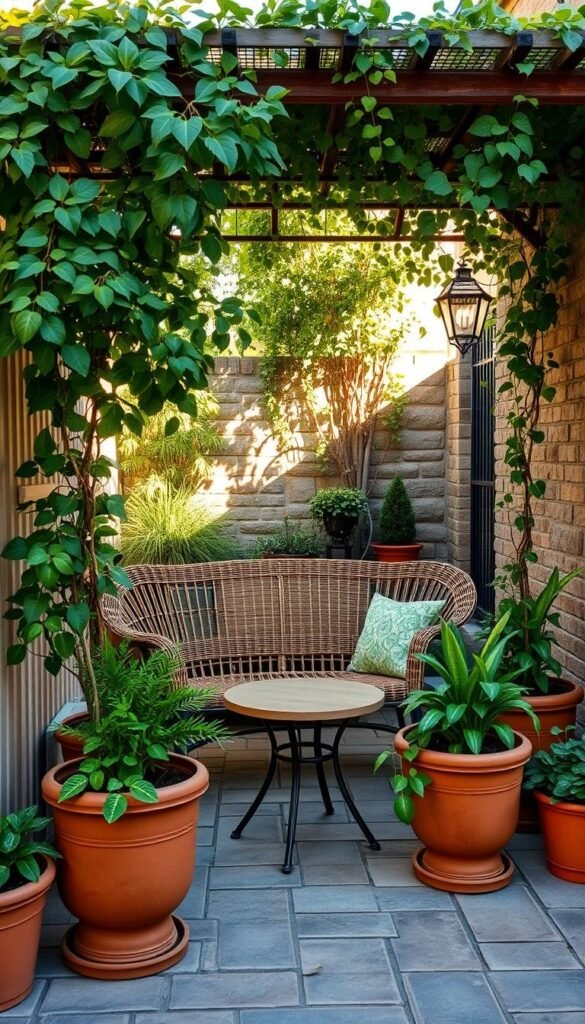 A cozy and inviting small patio design with a charming combination of potted plants, rustic wooden furniture, and strategic lighting. In the foreground, a wicker loveseat and a compact circular table sit atop a neatly laid paving stone floor. Lush greenery in terra cotta planters flank the seating area, creating a sense of enclosure and privacy. In the middle ground, a trellis or pergola structure supports cascading vines, casting delicate shadows and filtering the warm afternoon sunlight. The background features a stone or brick wall, adding texture and a sense of depth to the scene. Overall, the patio exudes a relaxed, outdoor living atmosphere, perfect for enjoying quiet moments or intimate gatherings.