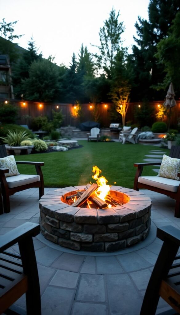 A cozy backyard fire pit with a rustic design, featuring a stone or brick exterior and a central grate for wood burning. The pit is surrounded by comfortable outdoor seating, such as wooden benches or wicker chairs, creating an inviting and intimate gathering space. Soft ambient lighting from the flickering flames casts a warm glow, and the background showcases lush greenery and landscaping elements that complement the natural aesthetic. The scene conveys a sense of relaxation, togetherness, and a retreat from the everyday, perfect for enjoying the outdoors on a cool evening.