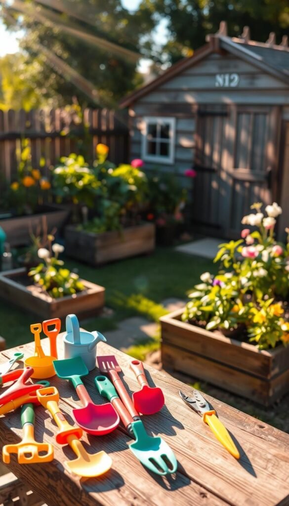 A cozy backyard garden, bathed in warm afternoon sunlight. In the foreground, a collection of brightly colored, kid-sized gardening tools arranged neatly on a wooden workbench - miniature trowels, rakes, watering cans, and pruning shears, all perfectly scaled for small hands. The middle ground reveals raised garden beds, overflowing with lush, vibrant plants and flowers. In the background, a charming wooden shed, its weathered exterior complementing the natural setting. The overall scene exudes a sense of wonder and imagination, inviting young minds to engage with the joys of gardening and outdoor exploration.