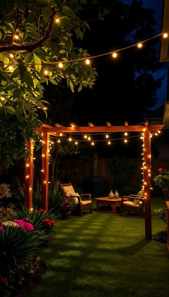 A cozy backyard oasis, bathed in the warm glow of magical string lights that dance across the night sky. Delicate bulbs illuminate a lush garden, where verdant foliage and colorful blooms sway gently in a soft breeze. In the foreground, a rustic wooden pergola provides a charming focal point, its latticed frame draped with twinkling lights that cast a dreamlike ambiance. Shadows play across the meticulously manicured lawn, while the middle ground reveals a tranquil seating area, perfect for intimate gatherings and relaxation under the stars. The background blends seamlessly with the natural landscape, hinting at the endless possibilities for creating a truly enchanting and inviting backyard retreat.