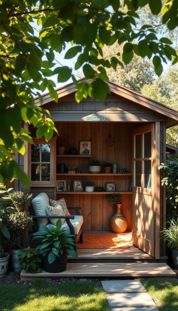 A cozy backyard shed retreat, bathed in warm afternoon sunlight. The structure features a rustic wooden exterior, accented with charming windows and a welcoming door. Inside, a comfortable seating area invites relaxation, surrounded by shelves displaying potted plants and nature-inspired decor. Lush greenery frames the scene, creating a serene, inviting atmosphere. Soft shadows dance across the weathered boards, and a gentle breeze stirs the leaves overhead. This backyard oasis offers a peaceful escape, blending functionality and style to inspire creativity and rejuvenation.
