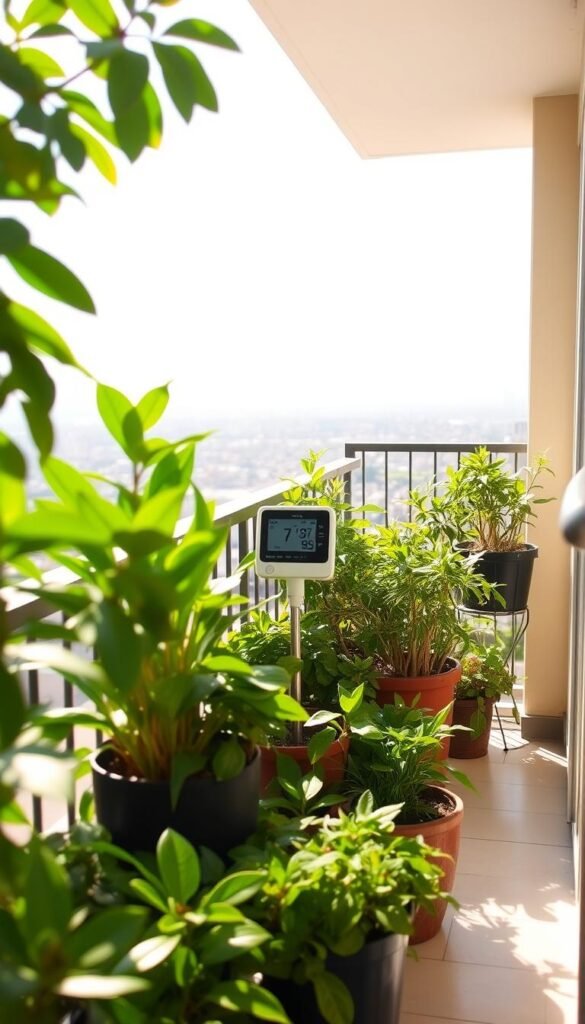 A cozy balcony bathed in soft, natural light. The foreground features an array of lush, thriving potted plants, their leaves gently swaying in a gentle breeze. In the middle ground, a small weather station stands, its digital display showing temperature, humidity, and wind speed data. The background reveals a panoramic view of the surrounding cityscape, hinting at the unique microclimate of this elevated urban oasis.