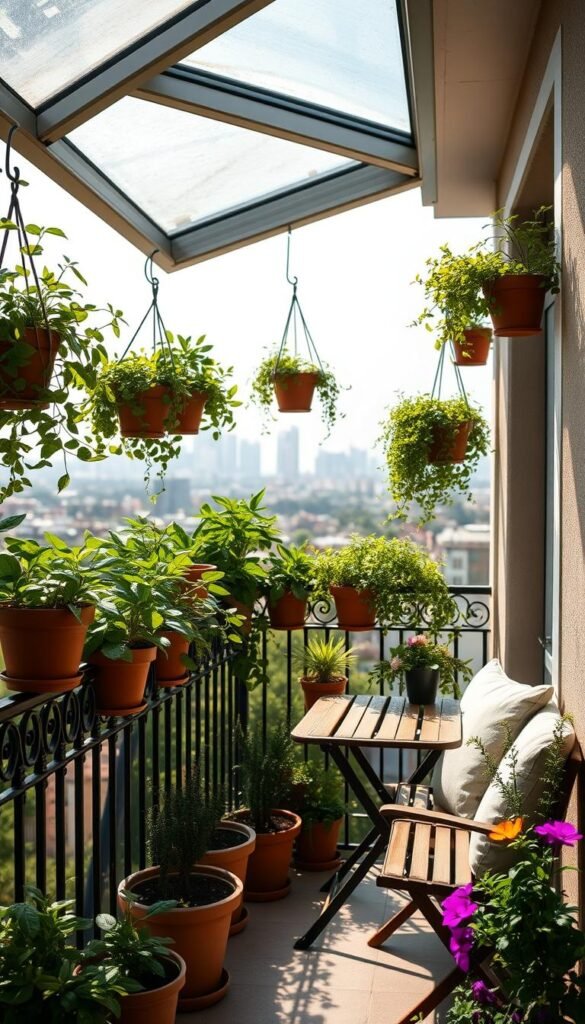 A cozy balcony garden, bathed in soft, natural light streaming through an open skylight. Lush, verdant plants in hanging baskets and terracotta pots line the wrought-iron railing, creating a serene, verdant oasis. A wooden bistro set with plush cushions invites leisurely al-fresco dining, while potted herbs and vibrant blooms add pops of color. The distant cityscape provides a captivating backdrop, blurred and hazy, allowing the focus to remain on the intimate, tranquil space. An air of contemplation and relaxation permeates the scene, inspiring the viewer to envision their own small balcony transformation.
