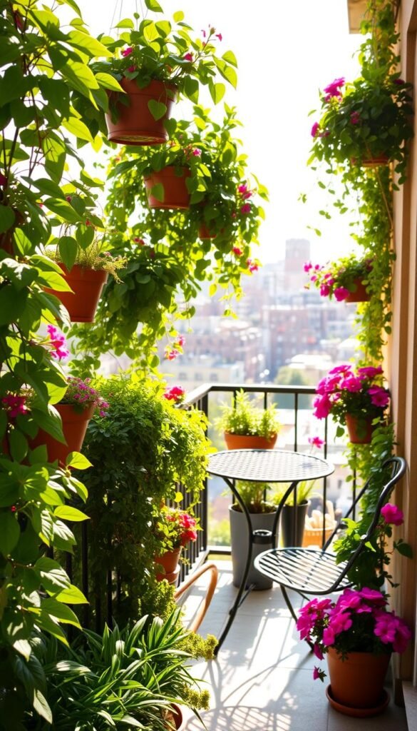 A cozy balcony garden brimming with lush greenery and vibrant flowers, bathed in warm, natural light. In the foreground, a mix of potted plants and hanging baskets spill over the railing, creating a verdant, inviting atmosphere. The middle ground features a small wrought-iron table and chairs, perfect for enjoying morning coffee or evening drinks. In the background, the cityscape is visible, with the contrast of the urban landscape and the serene, verdant oasis adding to the tranquil mood. The overall scene captures the essence of a harmonious blend of nature and city living, a haven for relaxation and inspiration.