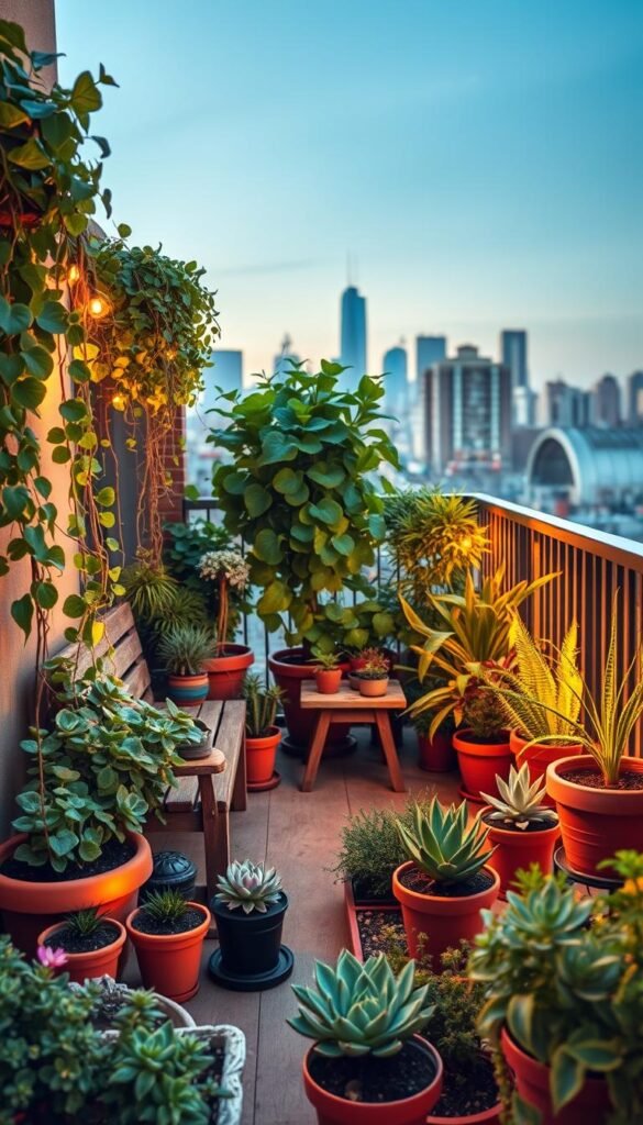 A cozy balcony garden, bursting with vibrant greenery and charming accents. In the foreground, a lush arrangement of potted plants, cascading vines, and small-scale succulents create a welcoming oasis. The middle ground features a rustic wooden bench, inviting for peaceful contemplation, while strategically placed planters add pops of color. In the background, the urban skyline provides a captivating contrast, with the balcony acting as a tranquil refuge from the bustling city. Soft, warm lighting gently illuminates the scene, casting a serene glow and highlighting the textures and details of the natural elements. The overall composition conveys the benefits of embracing a small urban balcony garden - a harmonious blend of nature and city life.